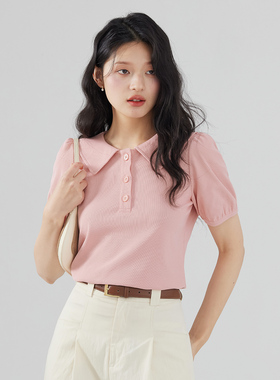 one more短袖t恤女2025夏季新款高级感polo领休闲法式泡泡袖上衣