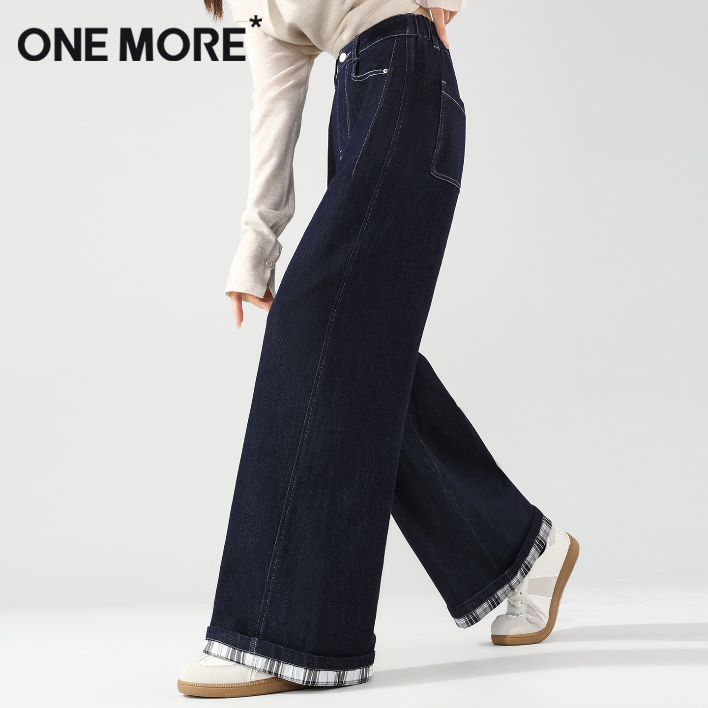 onemore脚口格纹拼接直筒裤