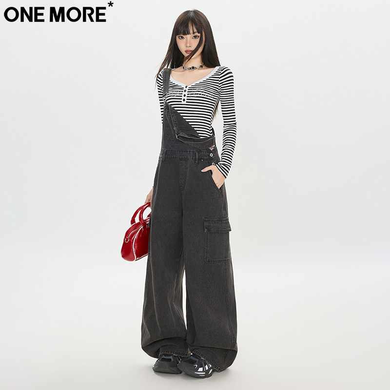 One More美式复古背带牛仔裤女秋季新款高腰百搭直筒宽松阔腿