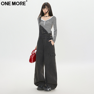 More美式 高腰百搭直筒宽松阔腿裤 复古背带牛仔裤 新款 女 女秋季 One