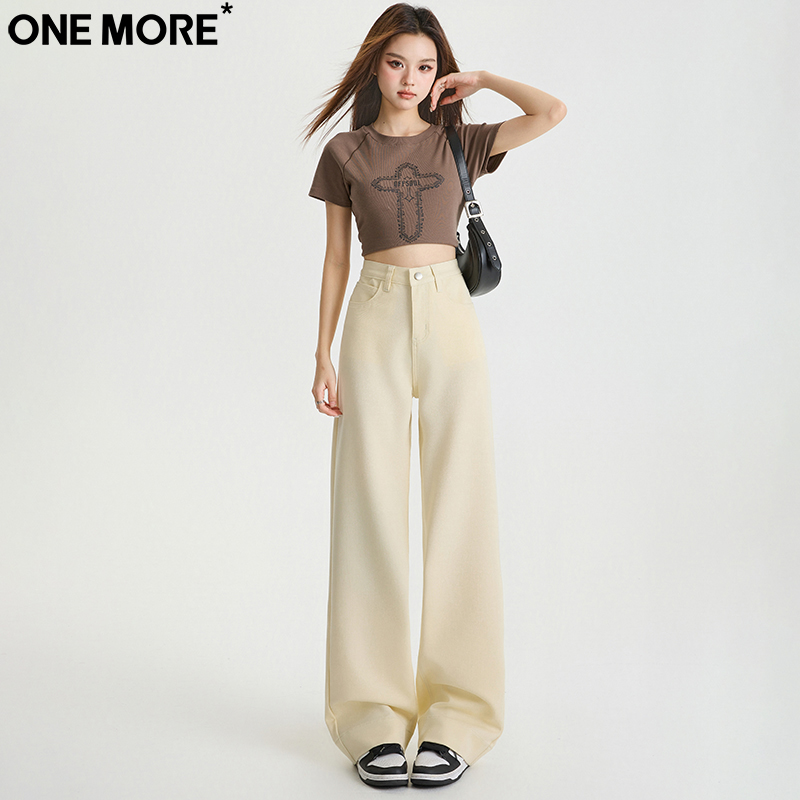 One More抗皱弹力米白色牛仔裤女秋季新款高腰直筒显瘦宽松阔腿裤