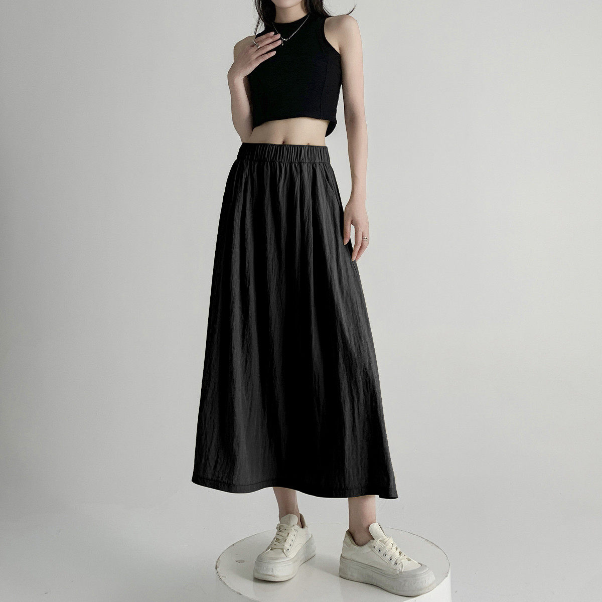 one more冰丝复古日系百搭高腰a字裙2025夏季新款山本风