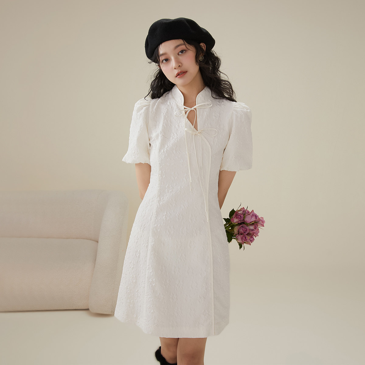 小个子半高领新中式连衣裙女夏2026气质高级感短袖泡泡袖短裙