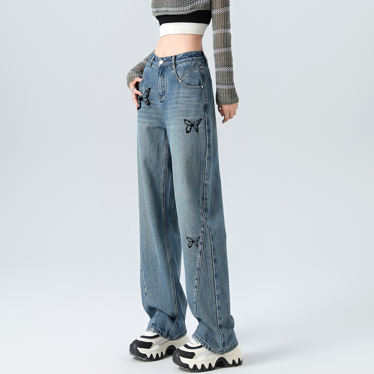 高腰阔腿裤直筒onemore长裤