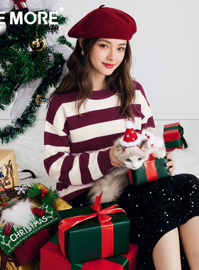 one more带围巾毛衣女冬季酒红色针织衫圣诞节穿搭上衣新年战袍Y