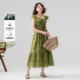 连衣裙女中长款 one more绿色荷叶袖 收腰显瘦气质裙亲肤透气长裙