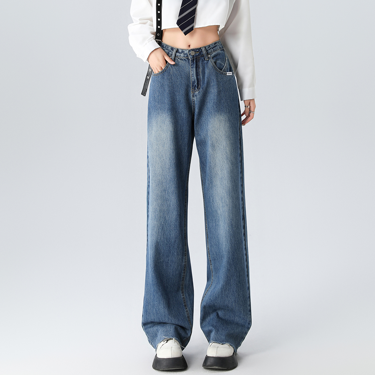 one more春秋2025新款牛仔裤女宽松休闲百搭蓝色显瘦高腰窄版长裤