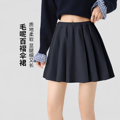 onemore黑色高腰显瘦百褶短裙