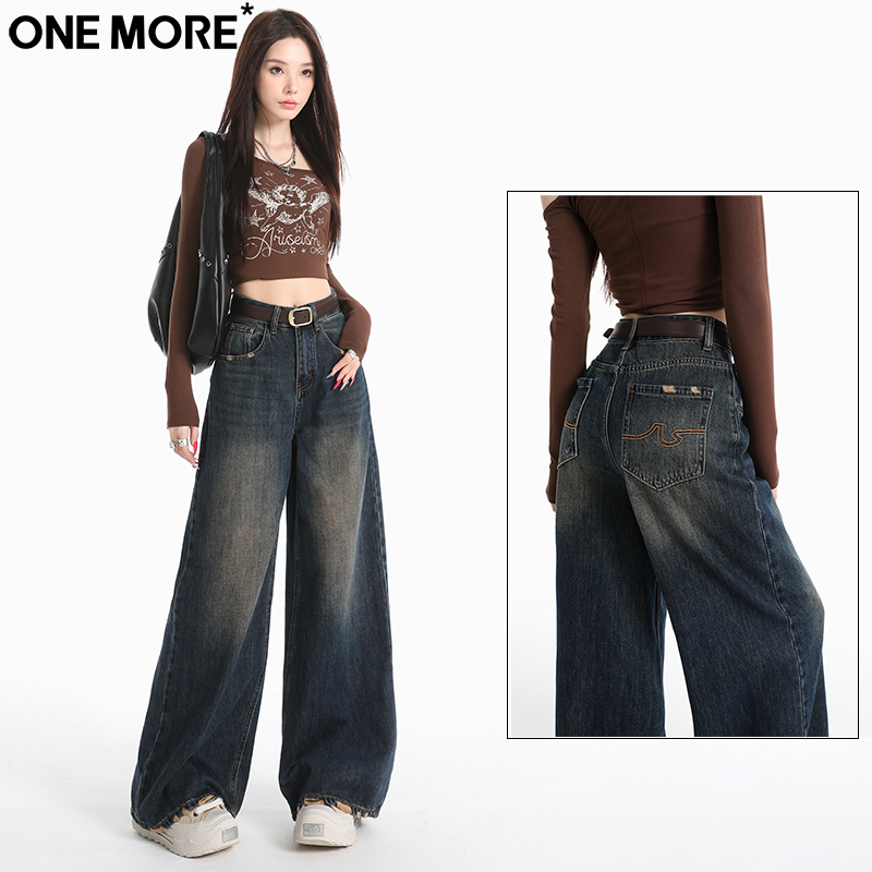 美式复古磨烂阔腿牛仔裤女