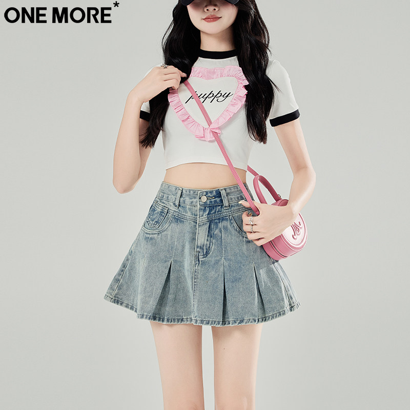 One More小众高腰浅色牛仔短裙女夏季新款防走光短款半身百褶