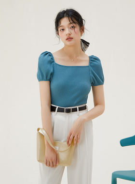 one more法式方领针织t恤女2025夏季新款短袖修身上衣高级感女装