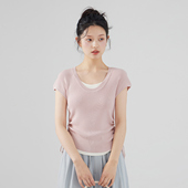 more2025夏季 薄款 针织假两件上衣女高级感收腰法式 one 短袖 t恤