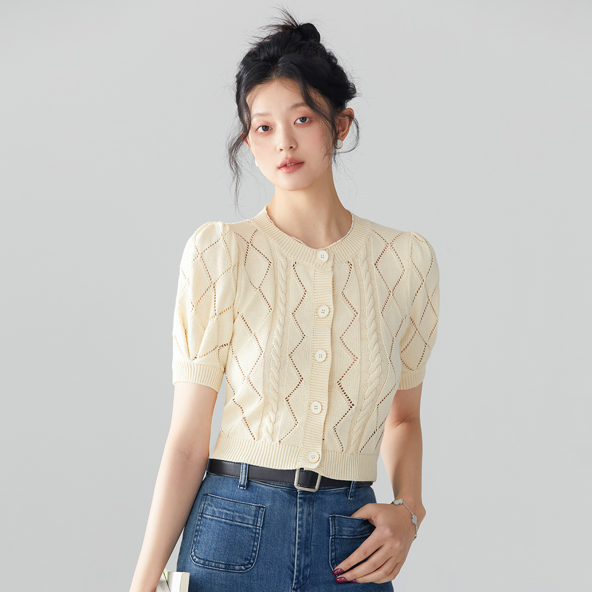 法式泡泡袖针织衫onemore