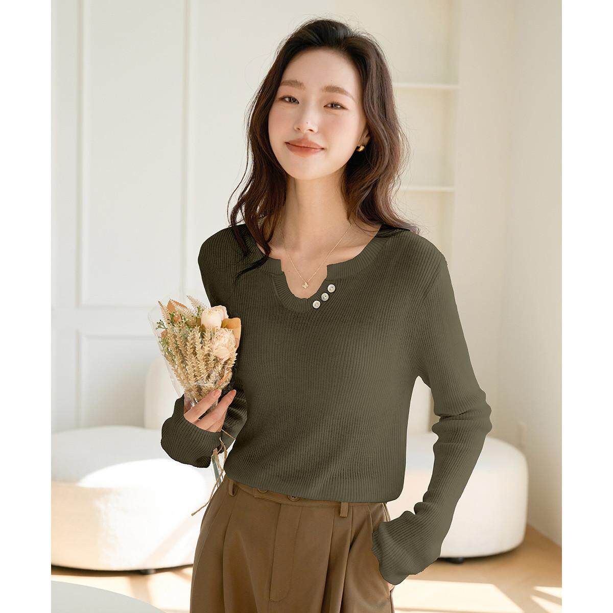 one more设计感韩版长袖针织衫女修身显瘦圆领套头百搭打底衫