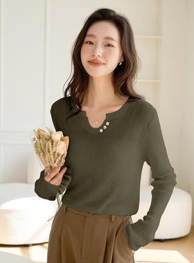 one more设计感韩版长袖针织衫女修身显瘦圆领套头百搭打底衫上衣
