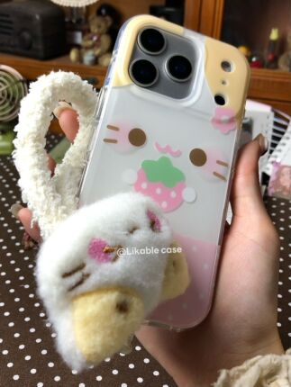 Likable Case with Rounded Edges | Little Strawberry Marshmallow Cat Suitable for iPhone 17 Phone Case, Double-Layer Imd Suitable for Apple 16 Pro Max, Cute 14/15 Adorable