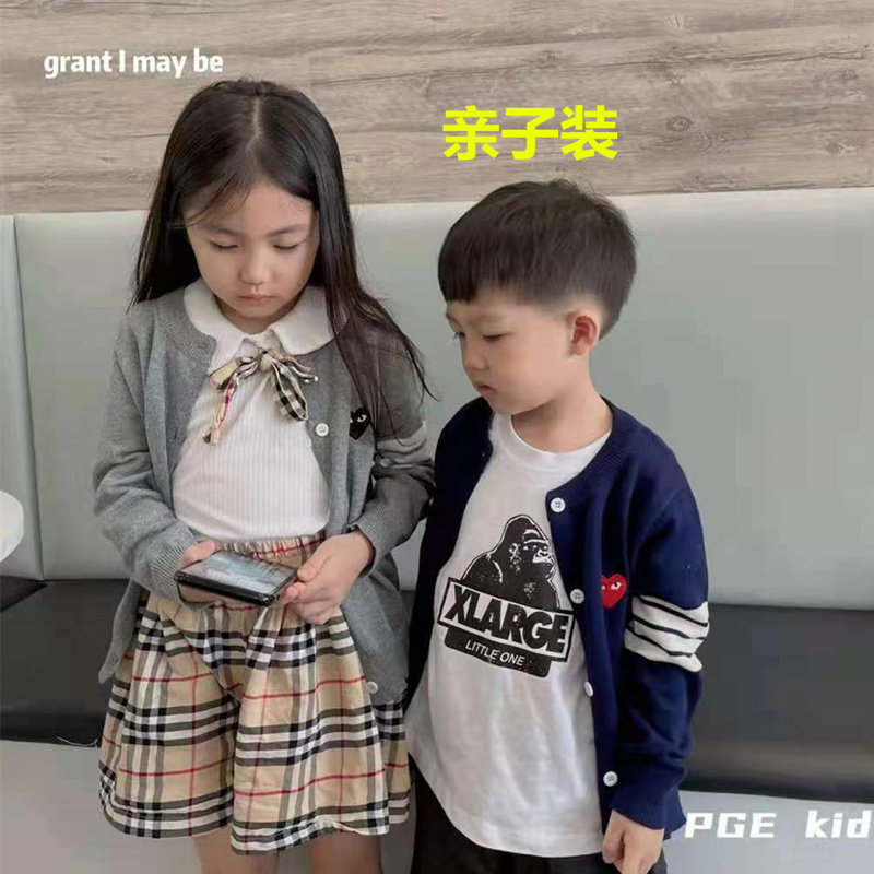 亲子装针织开衫外套兄弟姐妹爱心PLAY秋冬条纹一家三口男女童宝宝
