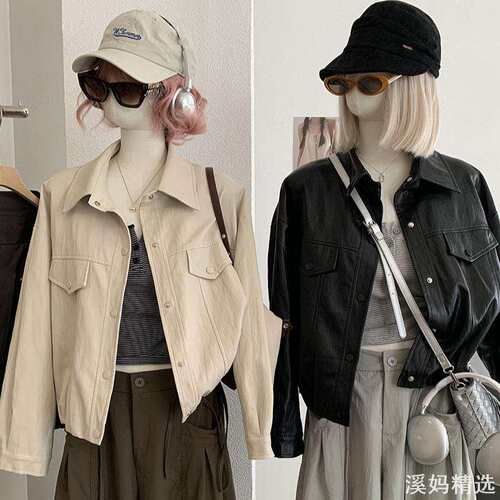 韩系翻领PU皮衣女秋季宽松开衫