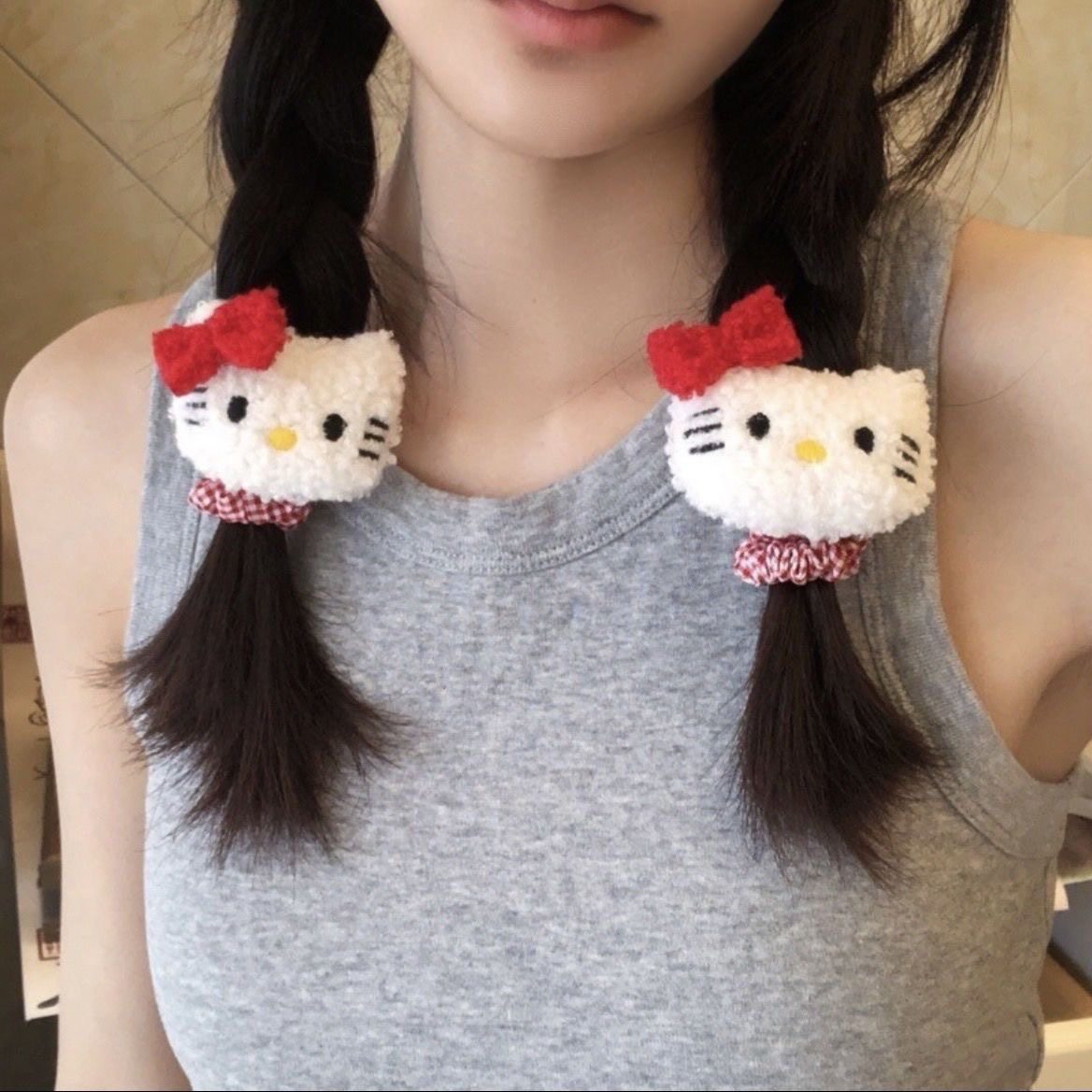 红色格纹小猫发圈头绳高弹力图片