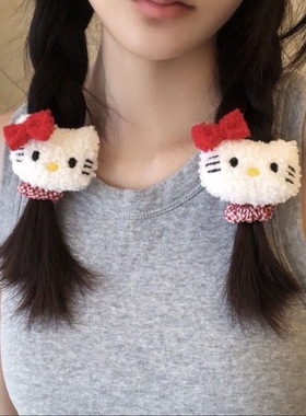 红色小猫头绳可爱格纹发圈双马尾扎头发绳毛绒kt皮套高弹力发饰女