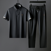高端丝滑无痕压胶冰丝两件套 男士 中年商务短袖 夏季 翻领休闲套装