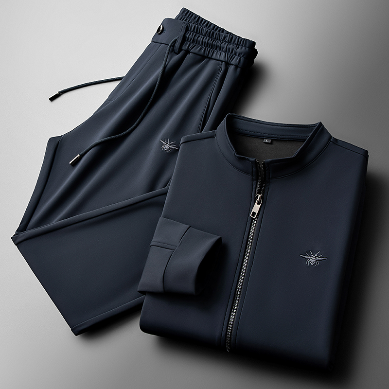 春季男士高端弹力外套两件套中年时尚立领开衫长袖运动服休闲套装