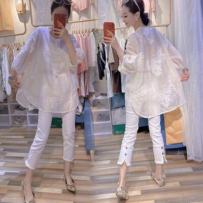 胖m2-300斤特大码春夏重工雪纺钩花盘扣长袖蕾丝衫宽松百搭上衣女