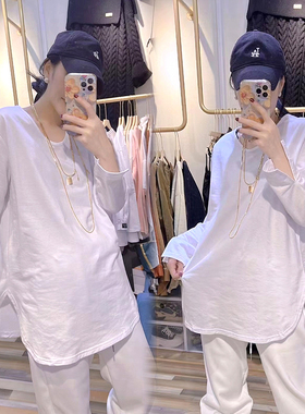 胖mm2-300斤特大码早春袖口开叉打底衫女百搭宽松圆领长袖T恤上衣