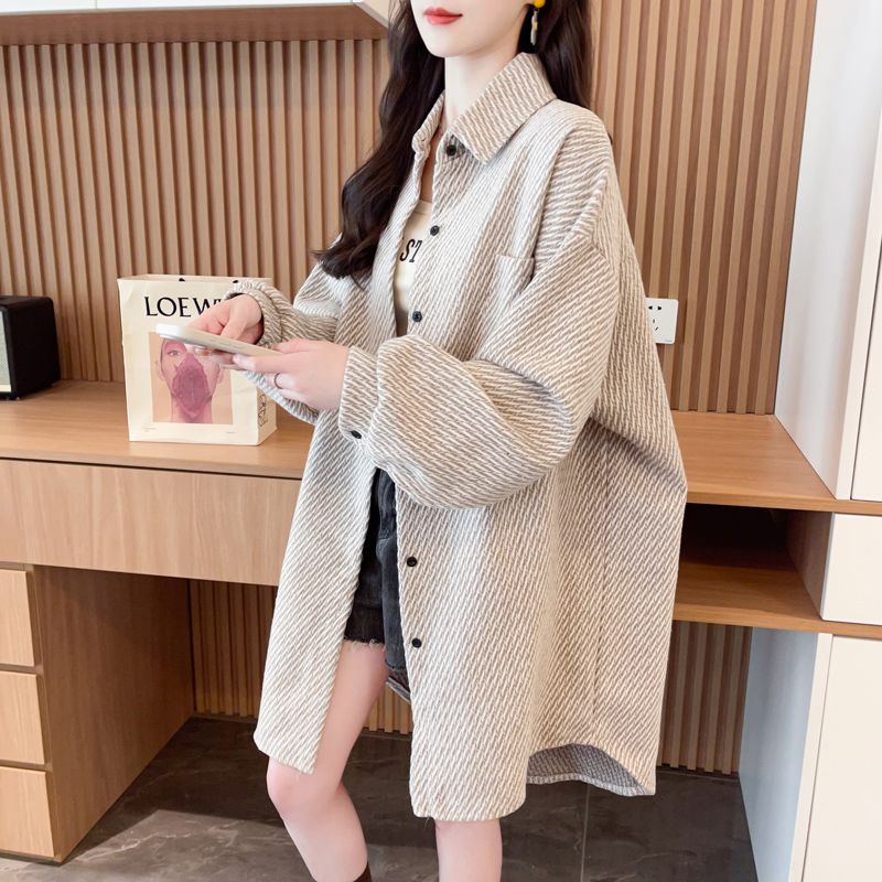 胖mm200斤大码女装韩版时尚中长款春秋冬宽松斜纹毛呢衬衫外套女