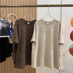 特大码 300斤胖mm重工烫钻满天星设计假两件蕾丝袖 长袖 T恤上衣潮