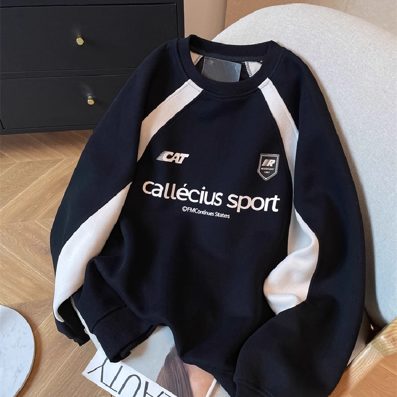 早秋新款字母印花撞色插肩卫衣男女情侣美式潮牌高级感机车风上衣