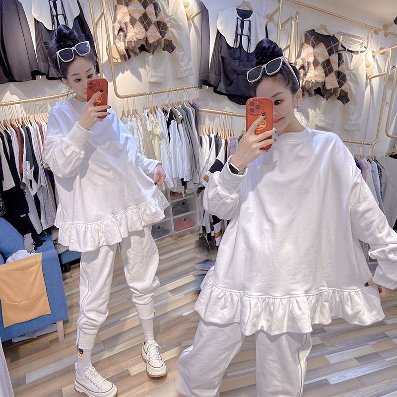 荷叶边白色休闲卫衣女百搭