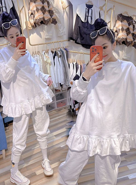 2-300斤胖m特大码早春荷叶边白色休闲卫衣女百搭洋气宽松大码上衣