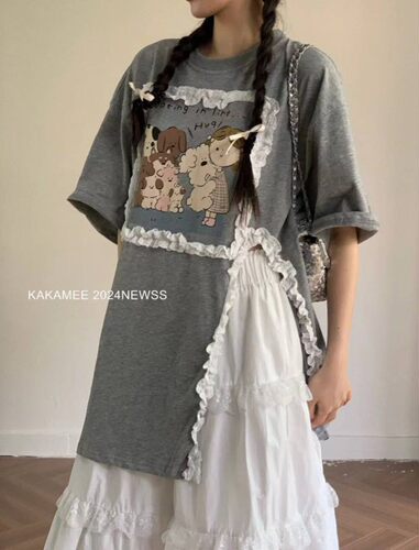 2-300斤胖mm特大码夏天中长款开叉T恤短袖花边拼接甜美风宽松上衣