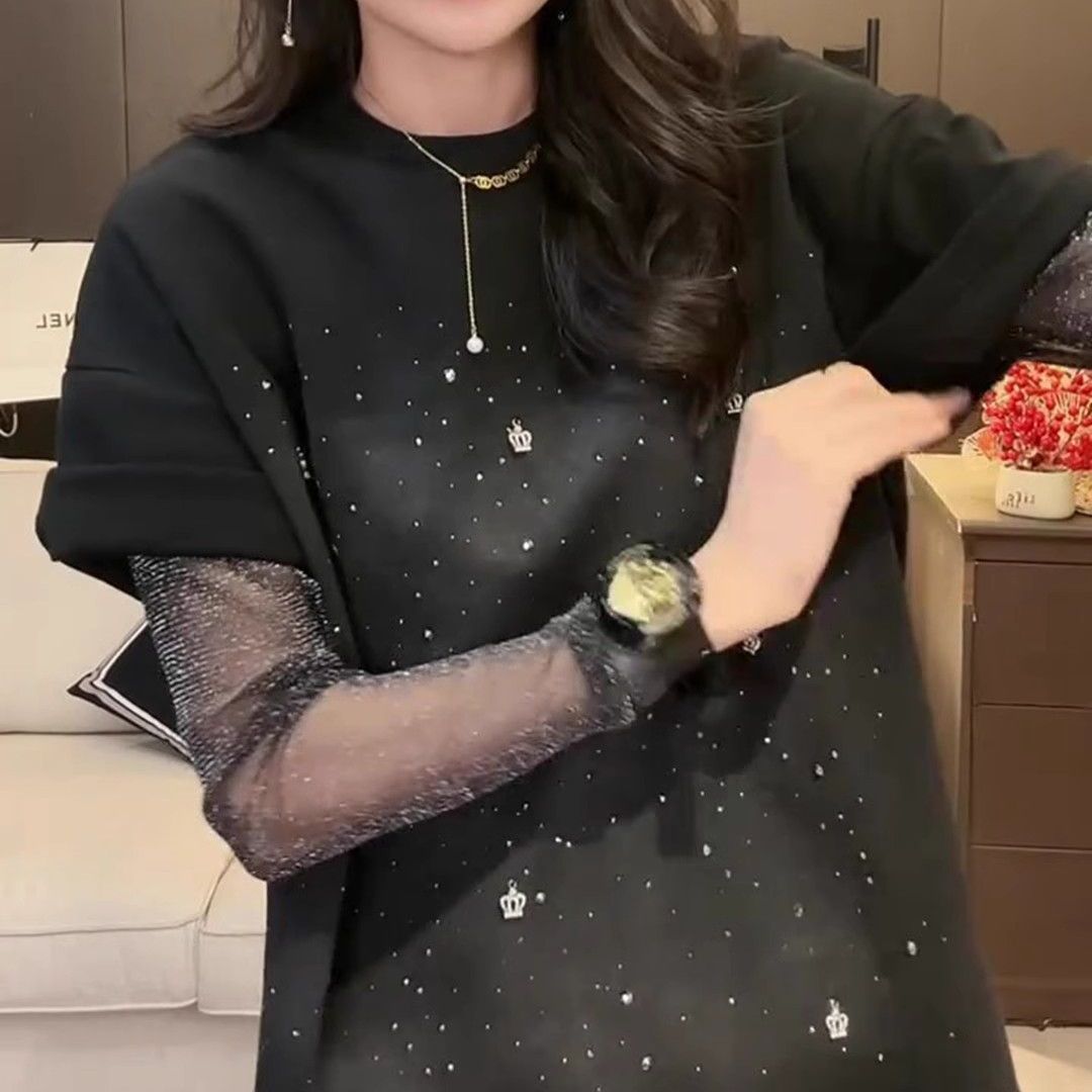 特大码2-300斤胖mm网纱拼接假两件长袖T恤女春季新款皇冠烫钻上衣