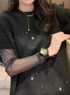 特大码2-300斤胖mm网纱拼接假两件长袖T恤女春季新款皇冠烫钻上衣