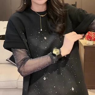 新款 特大码 T恤女春季 300斤胖mm网纱拼接假两件长袖 皇冠烫钻上衣