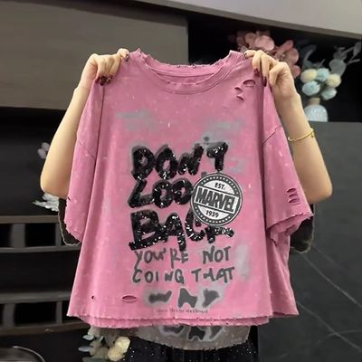 超大码2-300斤胖mm夏季设计感破洞印花亮片短袖T恤女宽松圆领上衣