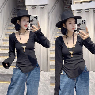 U领显瘦修身 早秋韩版 打底衫 时尚 T恤女 胖mm2 绣花长袖 300斤特大码