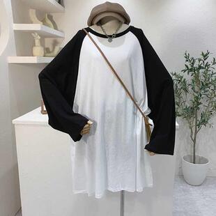 拼接撞色中长款 超大码 300斤胖mm韩版 T恤女宽松洋气减龄上衣 长袖