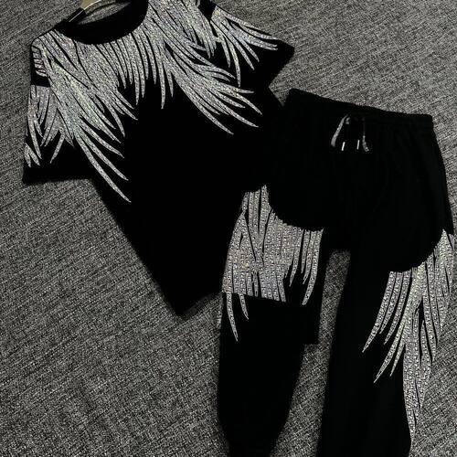 超大码300斤胖mm高腰九分哈伦裤夏季新款男女束脚重工烫钻套装潮