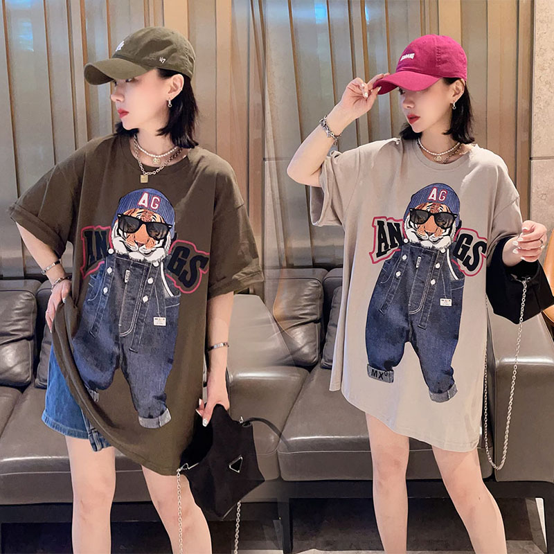 加肥加大码300斤胖mm欧货大版新款卡通印花牛仔老虎减龄短袖t恤女