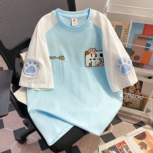 设计感小众撞色拼接刺绣短袖t恤女胖mm大码夏季独特超好看上衣服