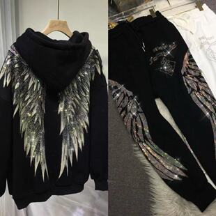 超大码2-300斤胖m重工烫钻卫衣卫裤冬季加绒加厚运动休闲套装翅膀