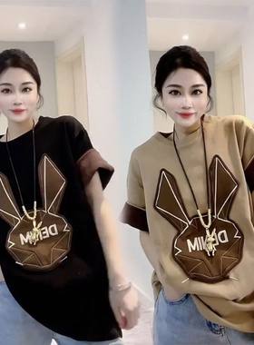 特大码2-300斤胖mm重工卡通小兔子涂鸦磨毛加厚短袖女百搭减龄T恤