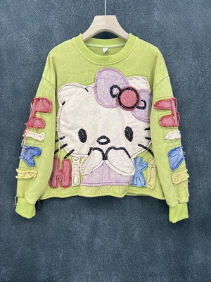 大码女装2025秋装胖mm重工kity凯蒂猫长袖短款卫衣宽松拼色上衣潮