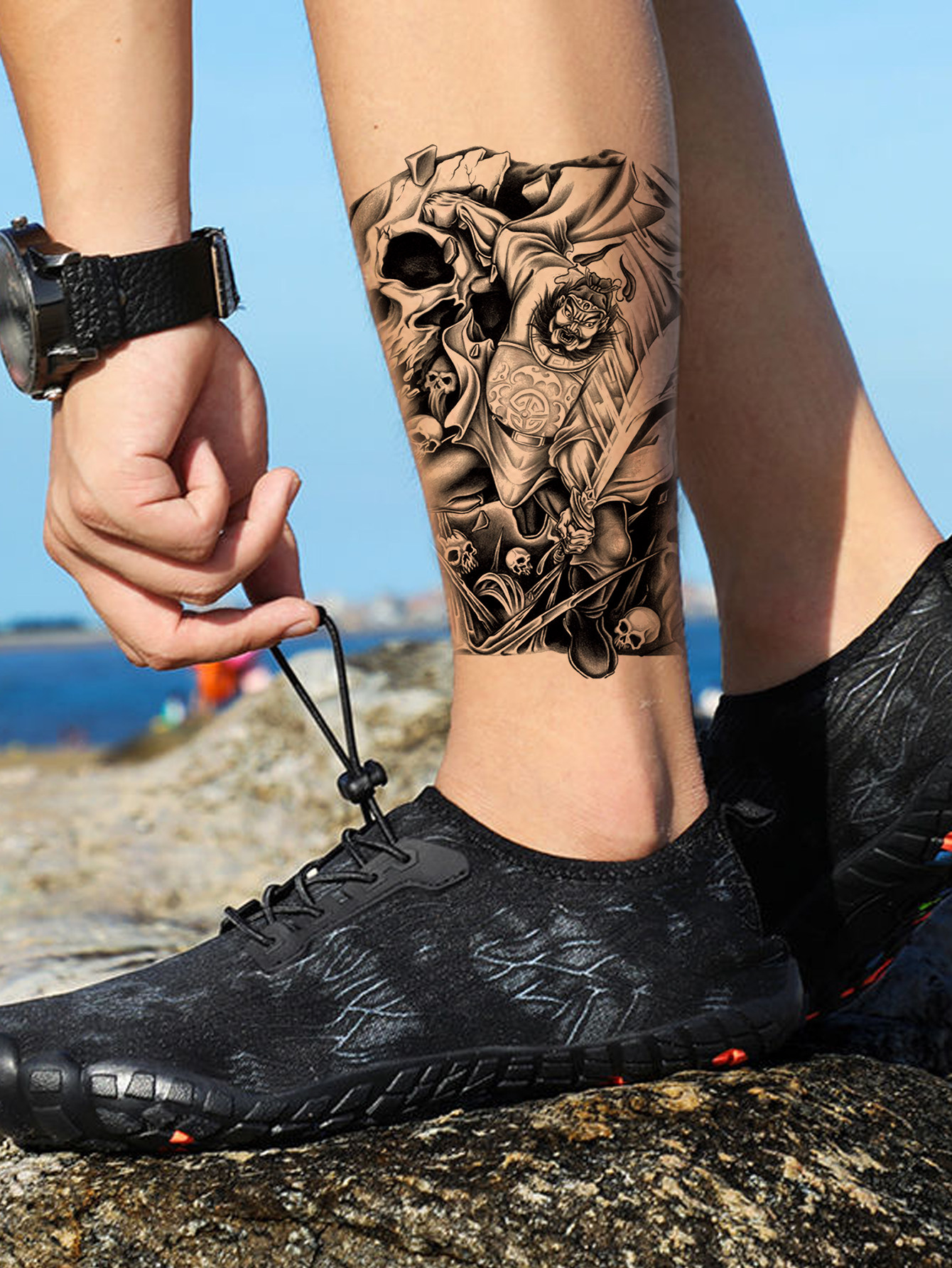 【两张】黑白无常钟馗捉鬼半臂霸气暗黑社会纹身贴纸男女花臂防水