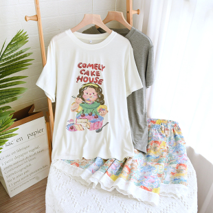 薄款 夏季 凉快亲肤柔软卡通家居服套装 短裤 可外穿 莫代尔睡衣女短袖