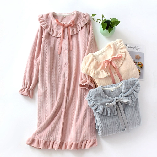 Коралловая бархатная демисезонная пижама, длинный банный халат, фланелевый милый лонгслив, юбка, в корейском стиле, большой размер