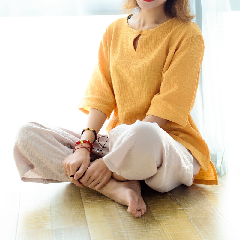 봄 여름 면과 린넨 탑 중국 스타일의 느슨한 버클 7부 소매 여성 더블 레이어 거즈 코튼 티셔츠 잠옷 대형